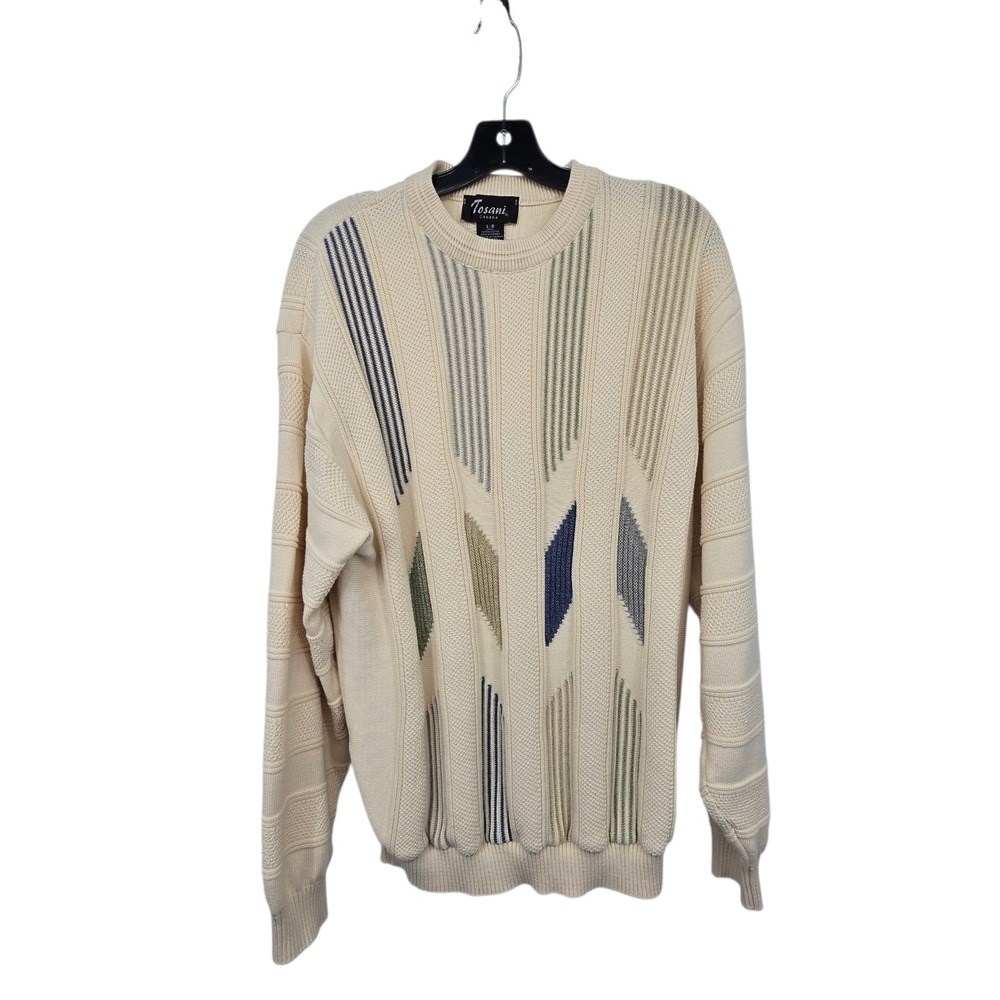 Vintage 90s Tosani Canada 3D Sweater Mens XL Cream Mod Hipster Dad Grandpa Cool